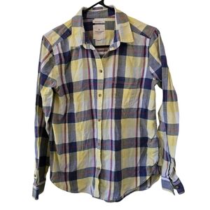American Eagle Medium Boyfriend Fit Yellow Blue Plaid Button Dow Shirt